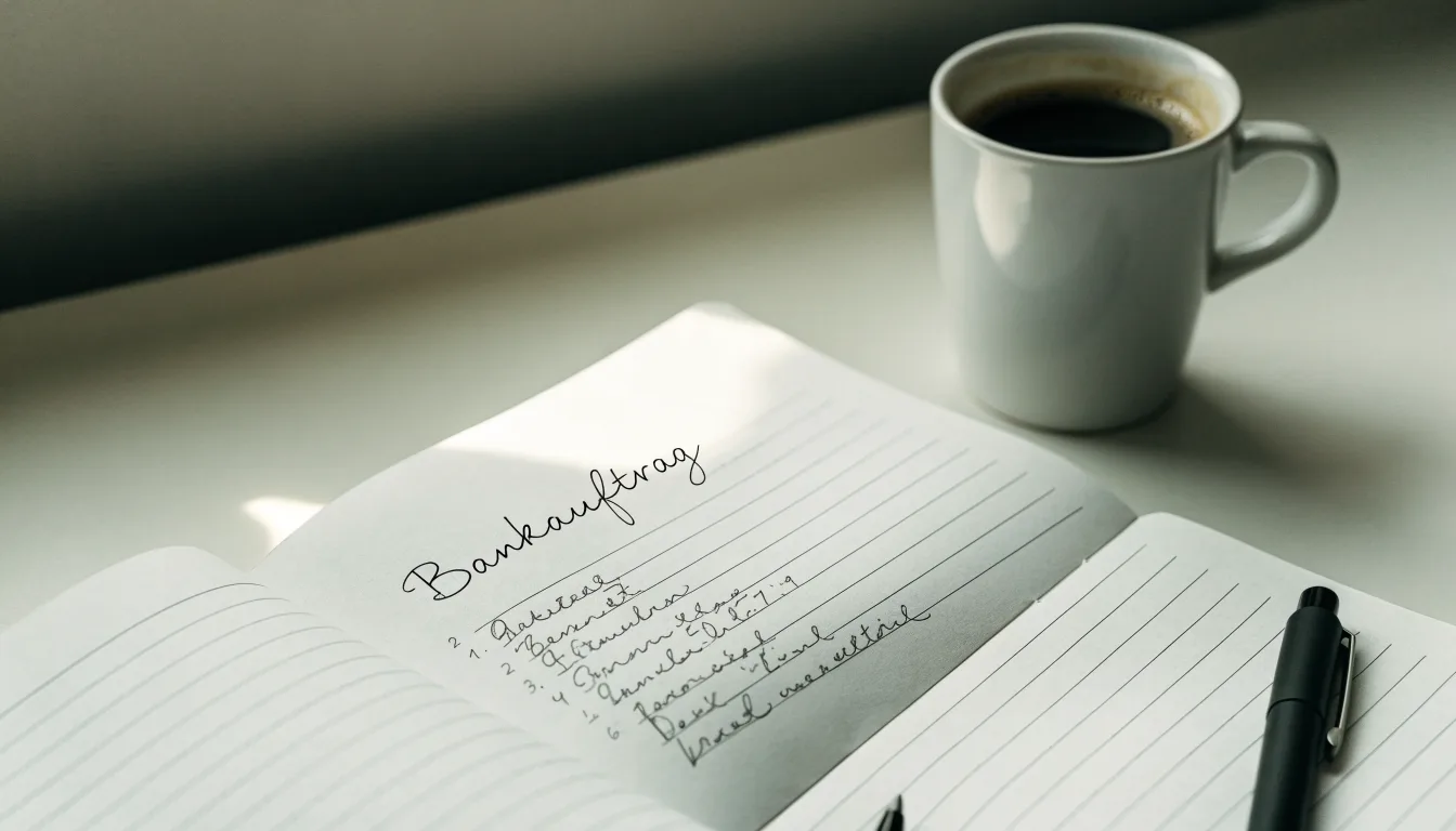 Ein aufgeschlagenes Notizbuch mit handschriftlichen Notizen und ein Kugelschreiber liegen auf einem hellen Schreibtisch neben einer Kaffeetasse.