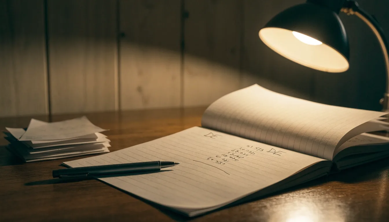 Ein Taschenrechner und ein Blatt Papier mit handschriftlichen Notizen liegen auf einem Schreibtisch unter dem warmen Licht einer Lampe.