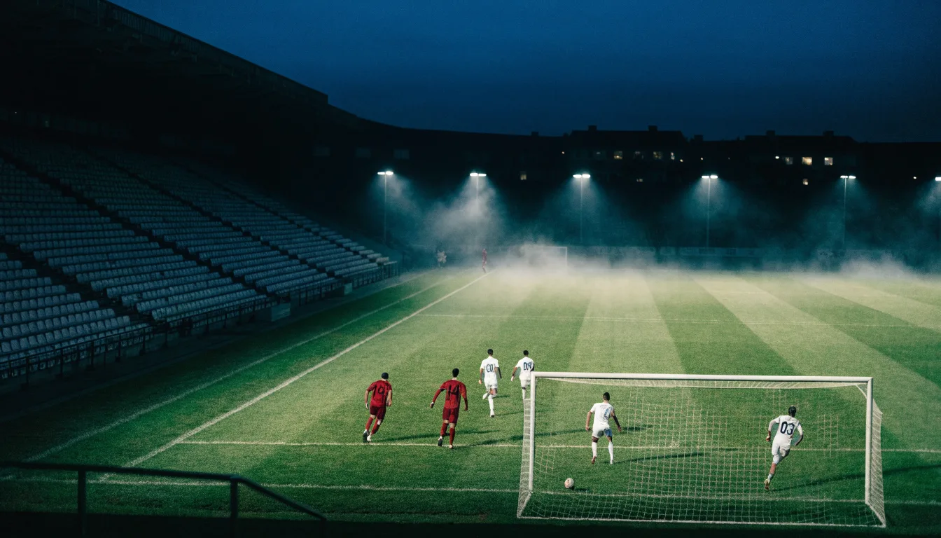 Ein Stadion unter Flutlicht bei Nacht, von einem Hügel aus der Ferne betrachtet, mit Dunst über dem Spielfeld.