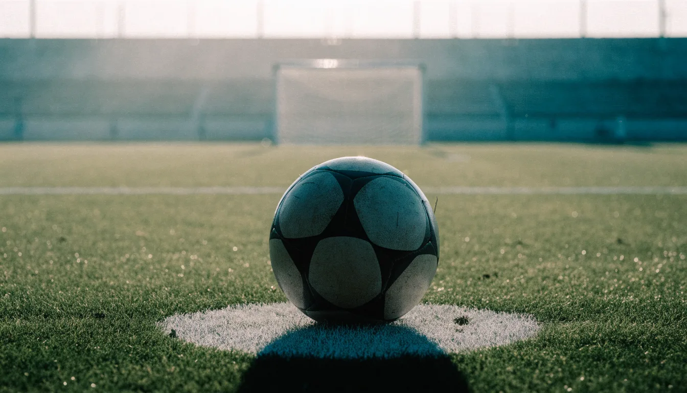 Ein Fußball liegt auf dem Elfmeterpunkt eines leeren Rasenplatzes, im Hintergrund eine Tribüne im Dunst.