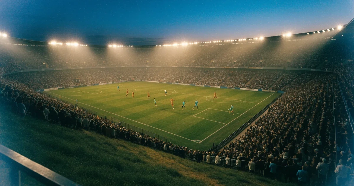 Ein Fußballstadion unter Flutlicht mit hellen Rängen, von einem Hügel aus gesehen, darüber ein dunkelblauer Abendhimmel.