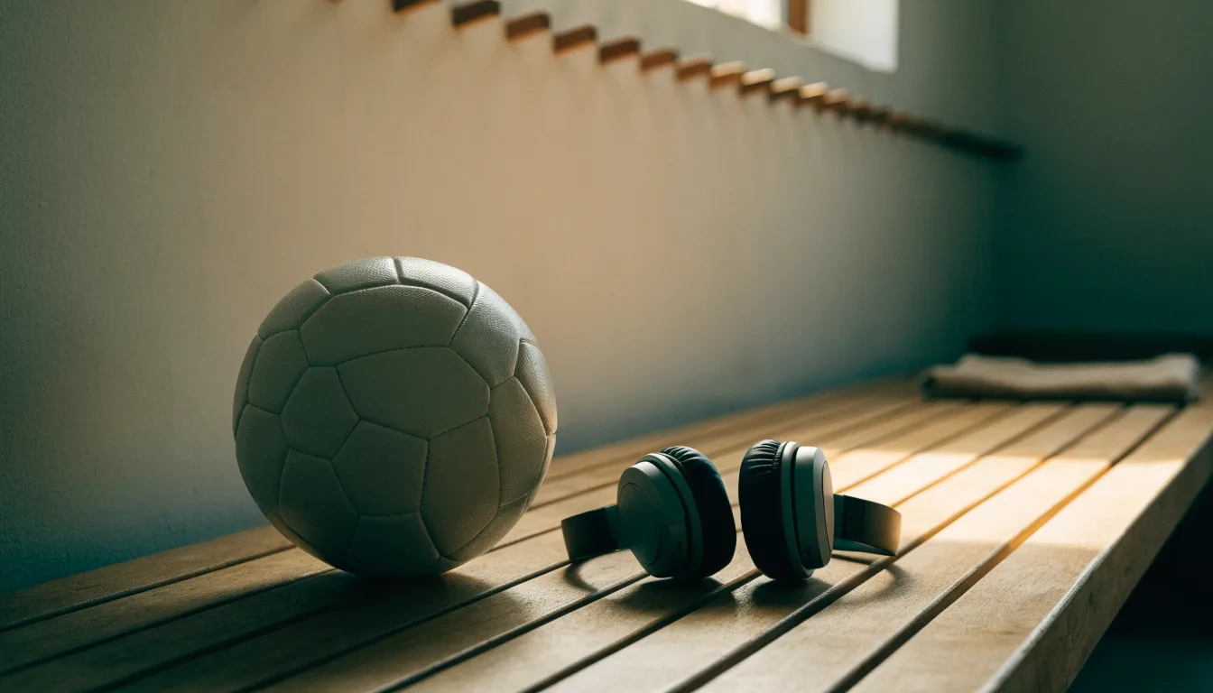 Ein Fußball liegt neben Kopfhörern auf einer Holzbank in einer Umkleide, Licht fällt durch ein schmales Fenster.