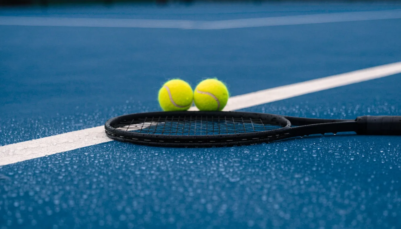 Zwei Tennisbälle und ein Schläger liegen auf der Grundlinie eines Hartplatzes, kleine Wassertropfen glänzen auf dem Belag.