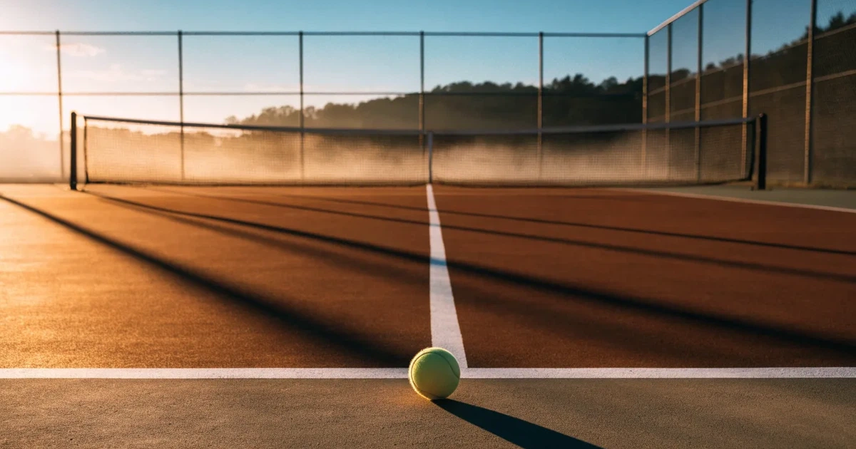 Ein leerer Tennisplatz mit Hartplatzbelag in der Morgendämmerung, das Netz im Gegenlicht und lange Schatten der Linien.