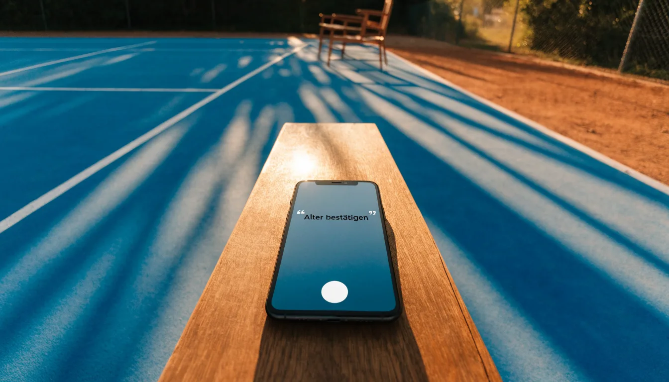 Ein leerer Schiedsrichterstuhl am Spielfeldrand eines Tennisplatzes im Abendlicht, lange Schatten auf dem Belag.