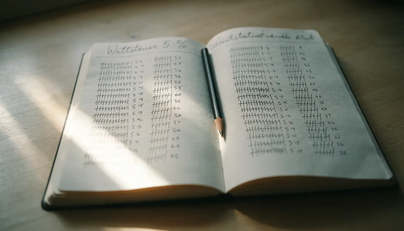 Ein handschriftlich geführtes Heft mit Strichlisten liegt neben einem Bleistift auf einem Tisch, seitlich fällt Tageslicht herein.