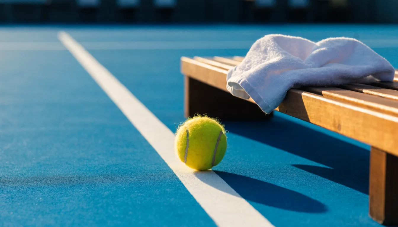 Ein gelber Tennisball liegt auf einer weißen Linie, daneben ein Handtuch auf einer Bank am Spielfeldrand.