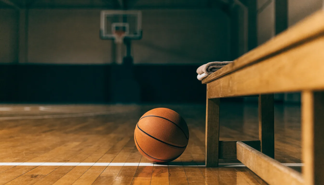 Ein Basketball liegt auf der Freiwurflinie einer Halle, im Vordergrund ein Handtuch auf einer Bank.