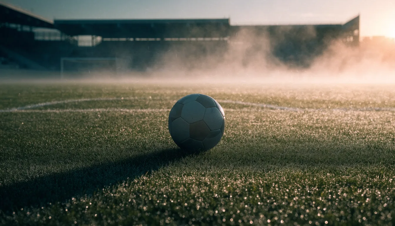 Ein Fußball liegt auf dem Anstoßpunkt eines Rasens bei Sonnenaufgang, Tau glitzert auf den Halmen.