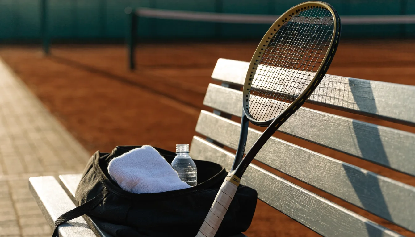 Ein Tennisschläger lehnt an einer Bank neben einer Sporttasche, im Hintergrund ein leerer Platz.
