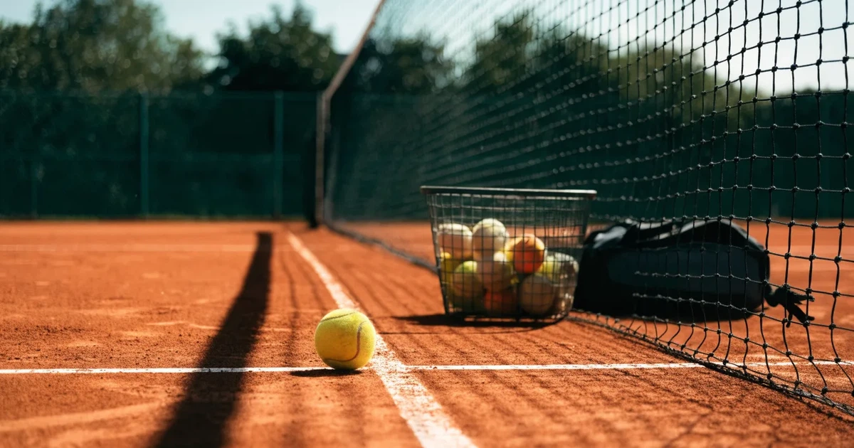 Ein Sandplatz mit frisch gezogenen Linien in der Nachmittagssonne, Netz und Ballkorb am Rand, keine Menschen.