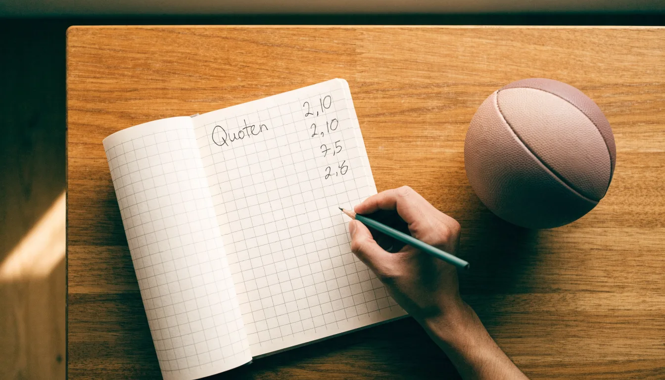 Eine Hand notiert mit Bleistift Zahlen in ein kariertes Heft, daneben liegt ein kleiner Lederfußball auf einer Holzplatte.