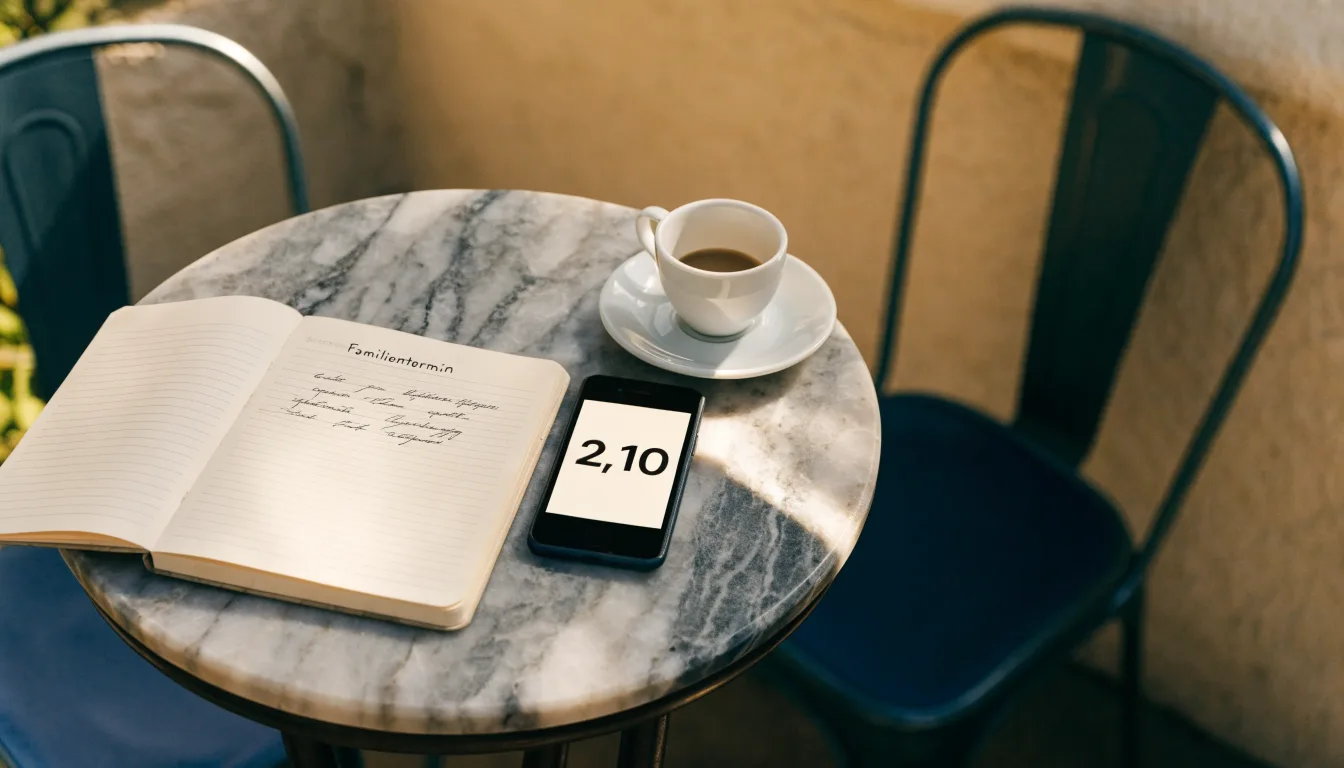Eine Espressotasse steht auf einem kleinen Marmortisch einer Terrasse, daneben ein Notizheft mit handschriftlichen Skizzen.