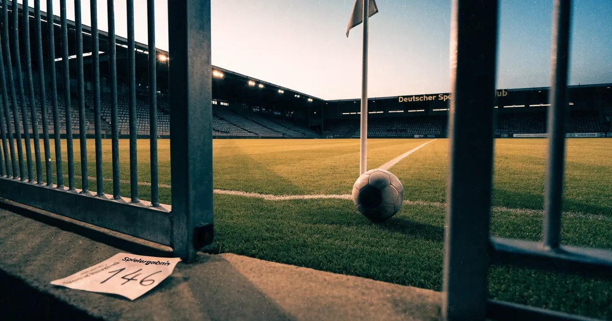 Blick durch ein Stadiontor auf einen grünen Rasen im Abendlicht, ein Ball liegt an der Eckfahne, die Ränge sind leer.