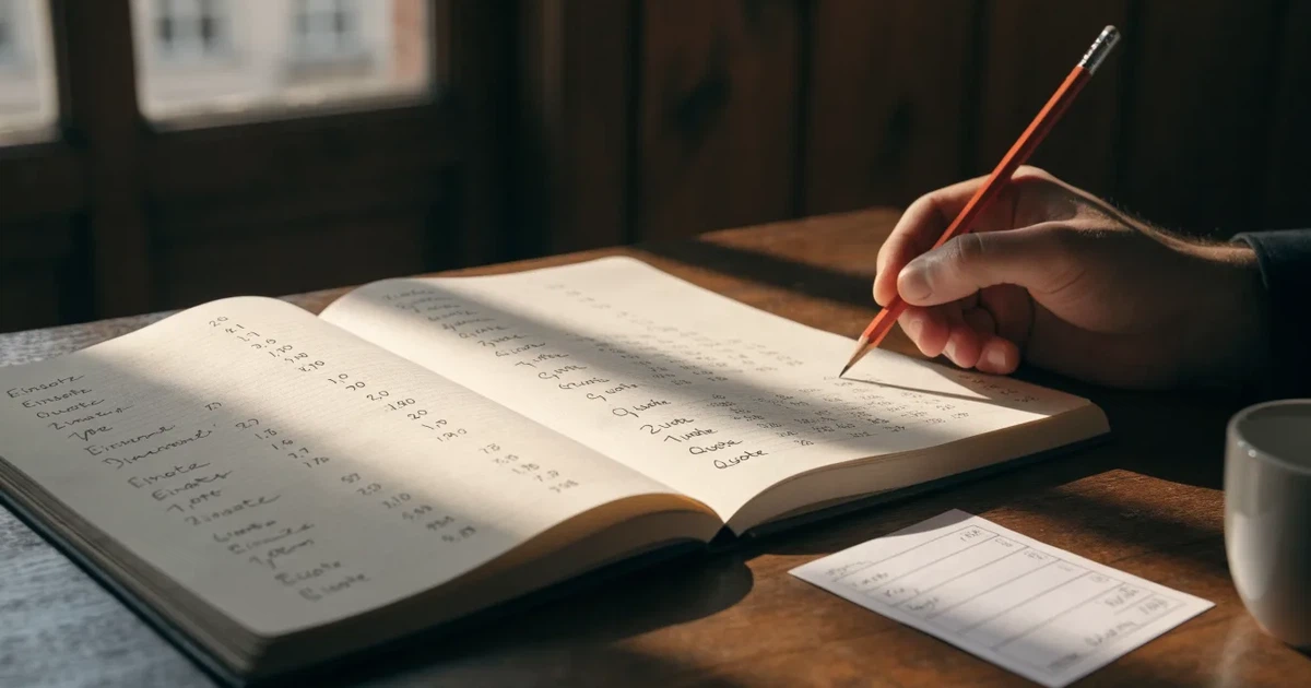 Ein aufgeschlagenes Notizbuch mit handschriftlichen Zahlenreihen und ein Bleistift liegen neben einem Taschenrechner auf einem Schreibtisch.