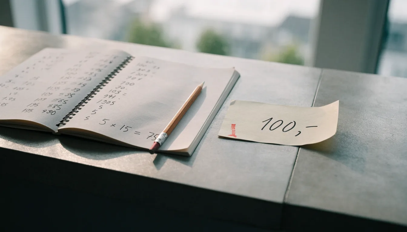 Ein Taschenrechner, ein Bleistift und ein Block mit handschriftlichen Zahlenreihen liegen auf einer grauen Arbeitsfläche.