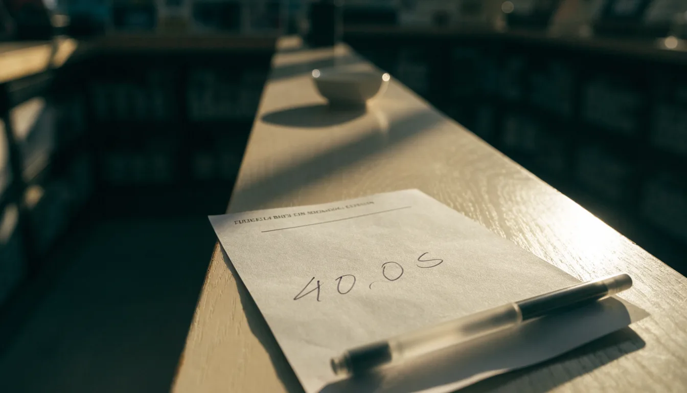 Ein leerer Papier-Wettschein und ein Kugelschreiber liegen auf einer Theke aus hellem Holz im Tageslicht.
