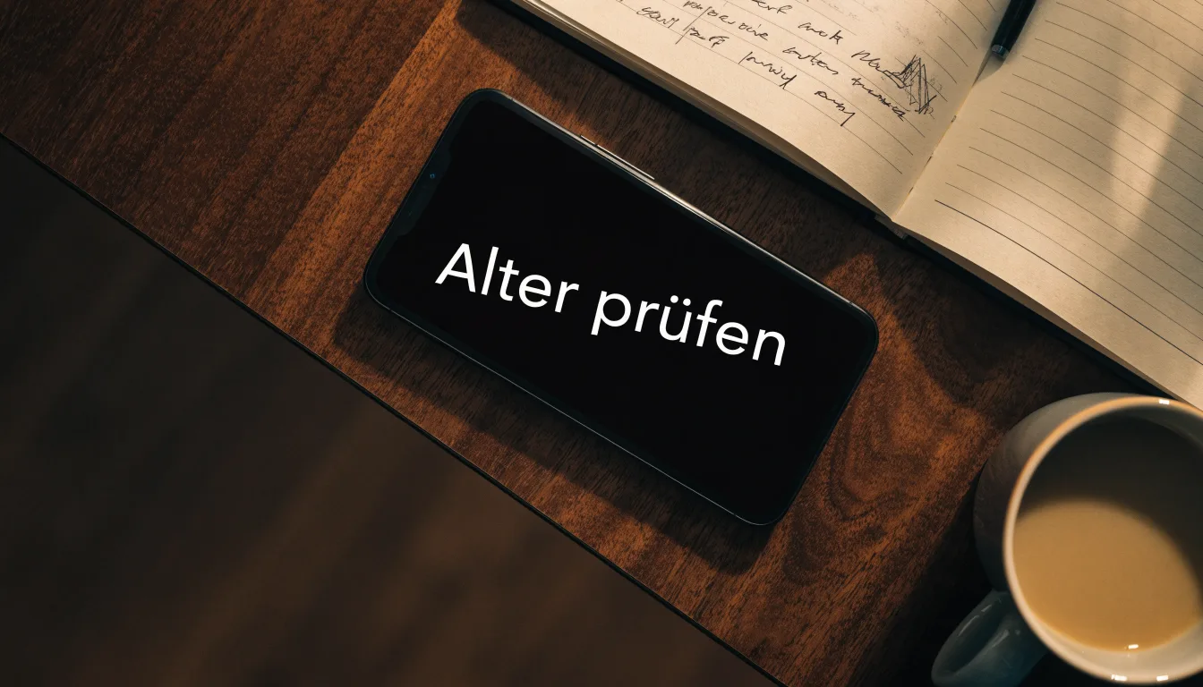 Ein Smartphone liegt mit dunklem Display auf einem Schreibtisch neben einem Notizbuch und einer Kaffeetasse.