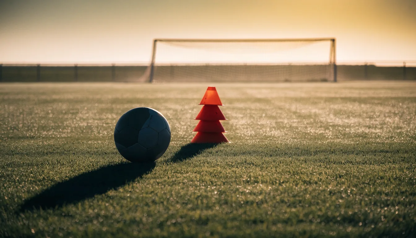 Ein Fußball liegt auf einem Rasenplatz bei Sonnenaufgang, daneben ein kleiner Stapel Trainingshütchen.