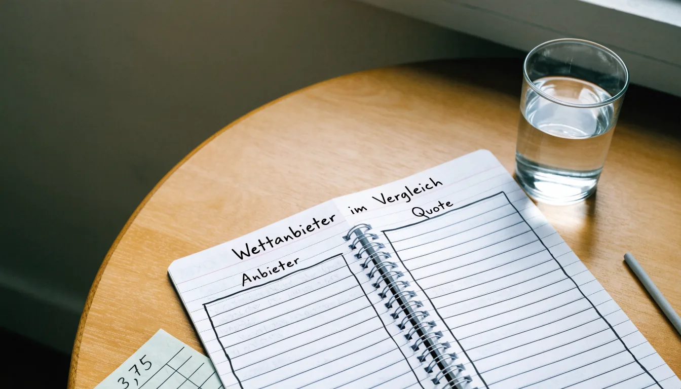 Ein Notizbuch mit handgezeichneten Spalten und ein Bleistift liegen auf einem hellen Holztisch neben einem Glas Wasser.
