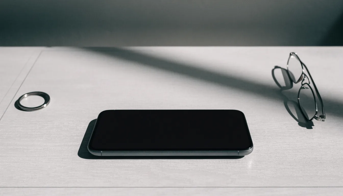 Ein Smartphone liegt mit dunklem Display auf einem Schreibtisch neben einem Schlüsselbund und einer Brille.