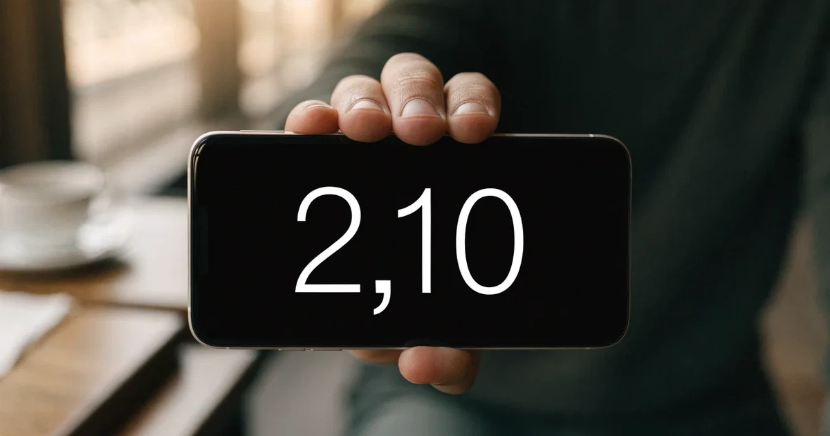 Eine Hand hält ein Smartphone mit dunklem Display, im Hintergrund unscharf ein Café-Tisch mit einer Tasse.
