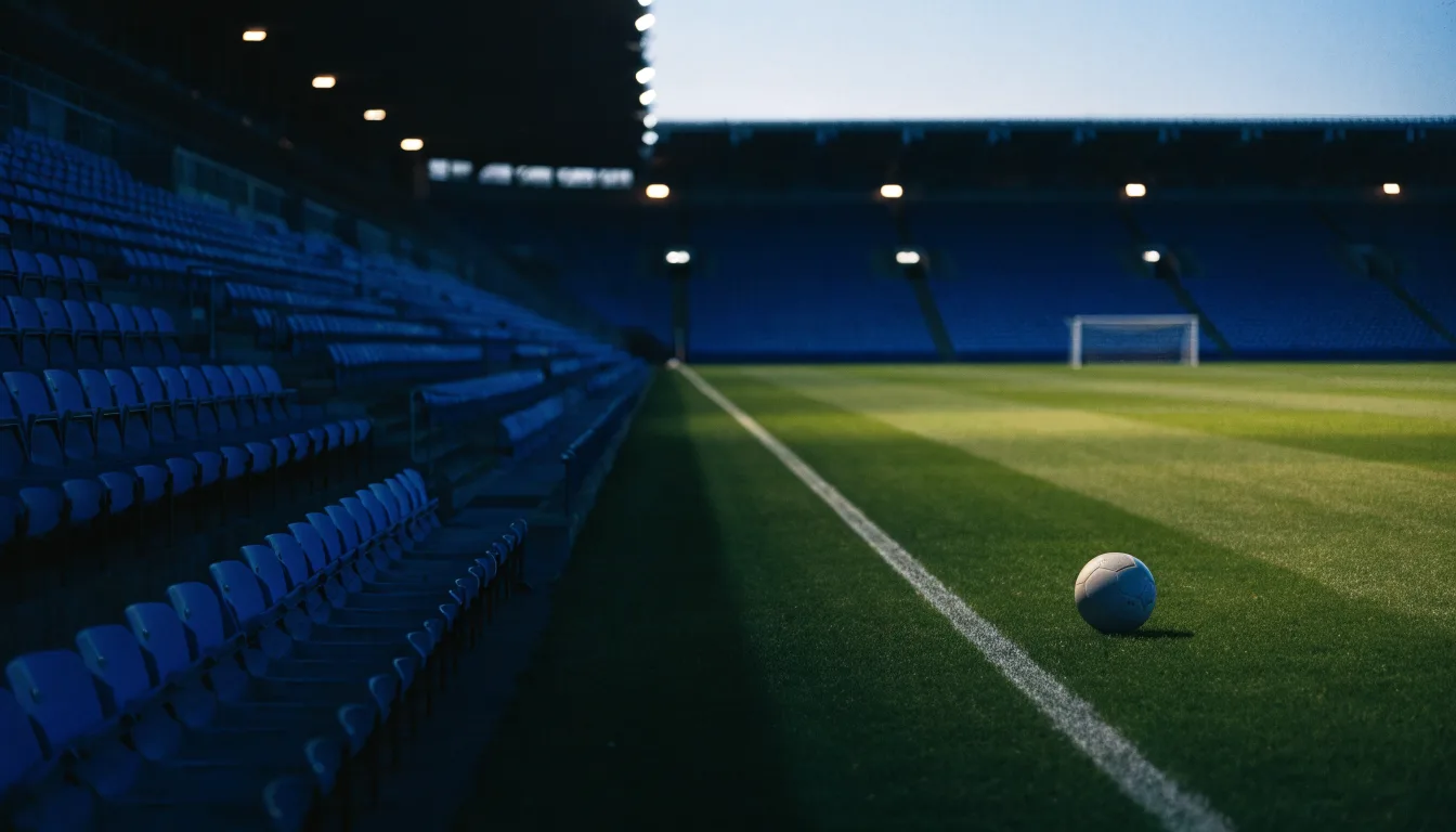 Eine leere Stadiontribüne unter Flutlicht aus der Ferne betrachtet, die Rasenfläche leuchtet grün in der Dämmerung.