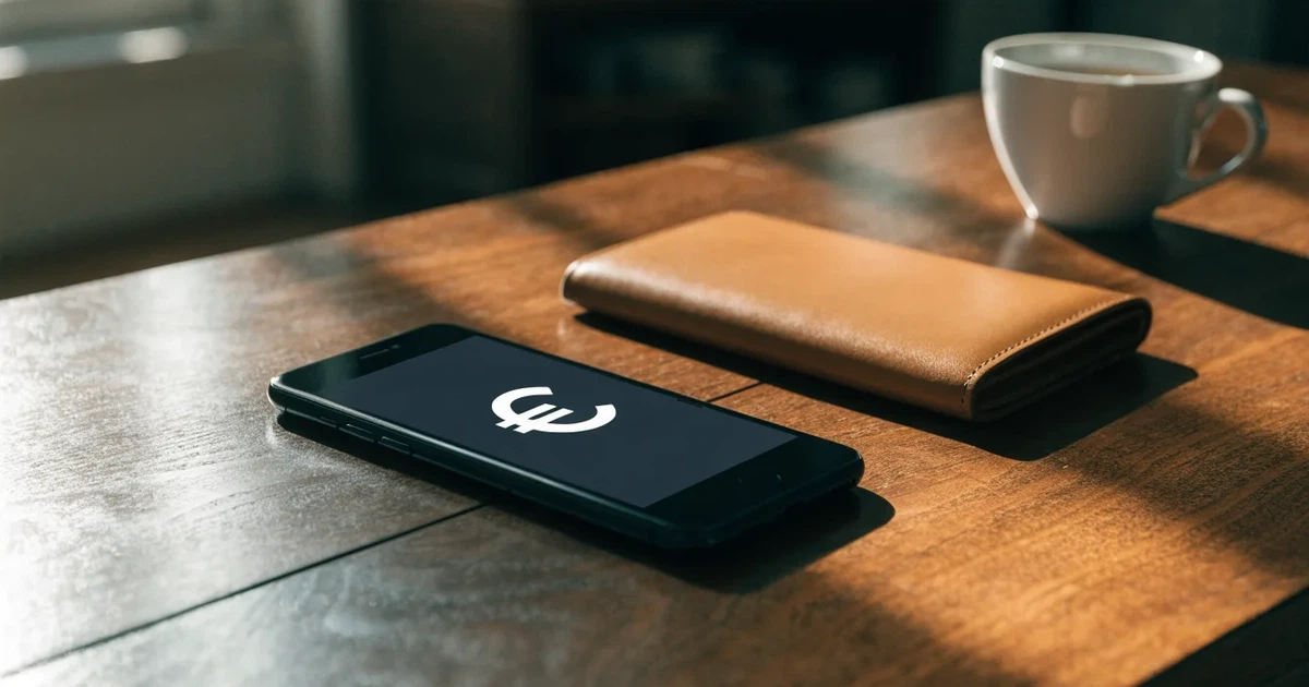 Ein Smartphone mit dunklem Display liegt auf einem Tisch neben einer Geldbörse und einer Tasse Kaffee.