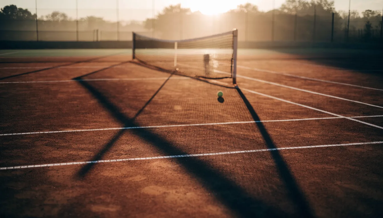 Ein Tennisplatz aus Sand bei Sonnenaufgang, das Netz im Gegenlicht, kein Mensch zu sehen.