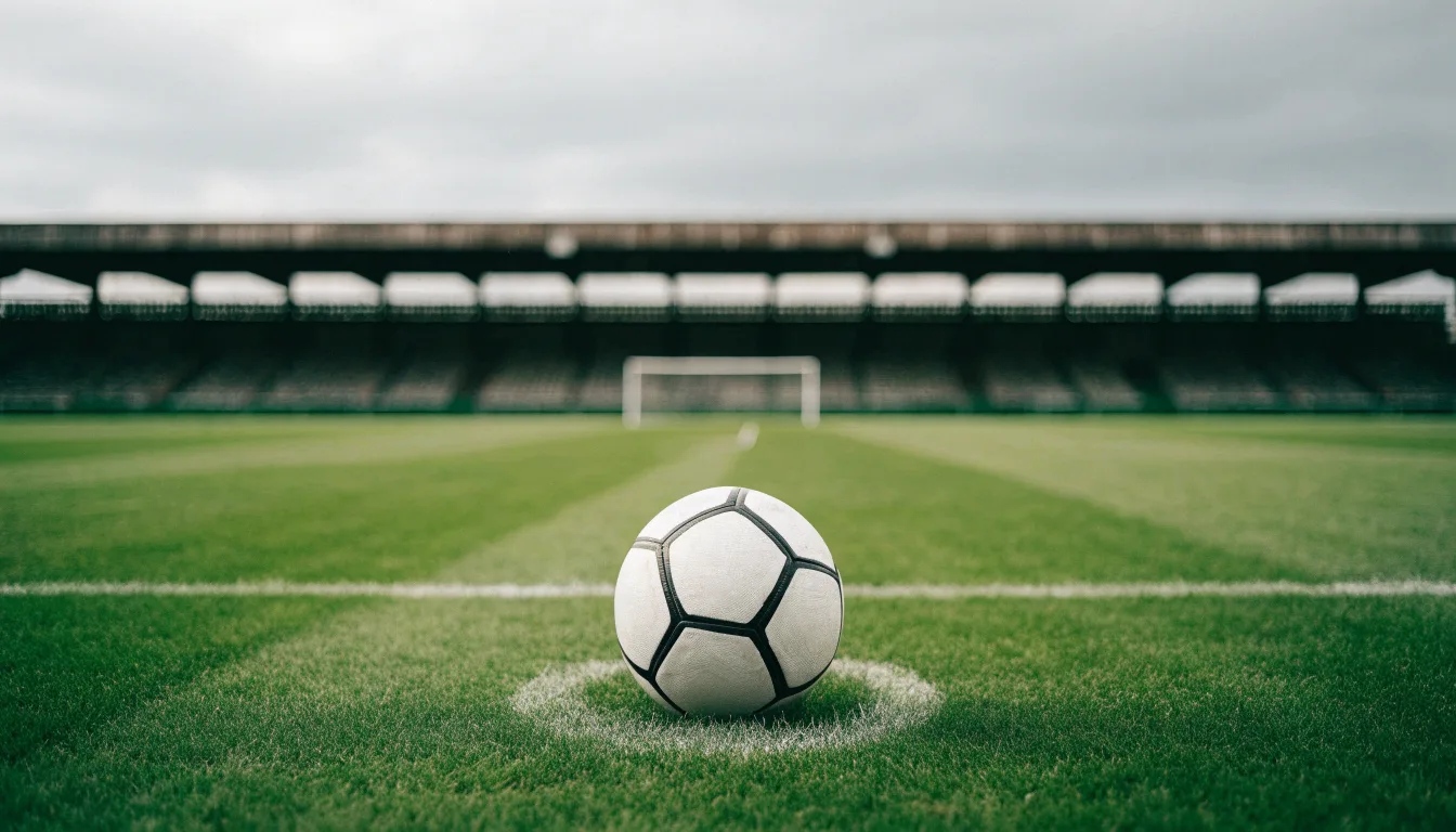 Ein Fußball liegt auf dem Anstoßpunkt eines leeren Rasenplatzes, im Hintergrund eine ruhige Tribüne unter bedecktem Himmel.