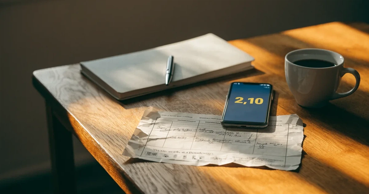 Ein Holzschreibtisch im Morgenlicht mit geschlossenem Notizbuch, Kugelschreiber und Kaffeetasse, daneben ein Smartphone mit dunklem Bildschirm.