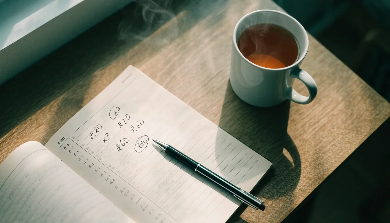 Ein Notizbuch mit handgeschriebenen Rechnungen und ein Taschenrechner auf einem hellen Schreibtisch neben einer Tasse Tee.