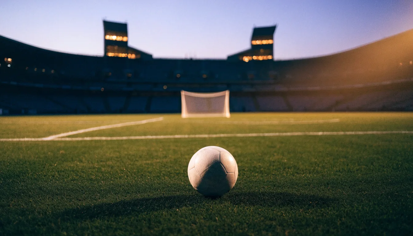 Ein Fußball liegt auf dem Rasen eines leeren Platzes, im Hintergrund ein Stadion unter Flutlicht in der Abenddämmerung.