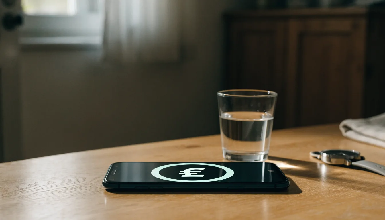 Ein Smartphone liegt mit dem Display nach unten auf einem Küchentisch, daneben stehen ein Glas Wasser und eine Armbanduhr.