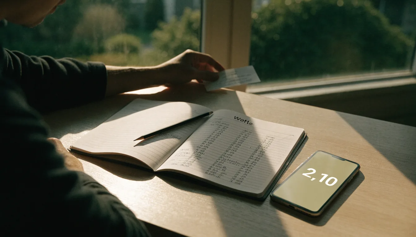 Ein Notizbuch mit handschriftlichen Notizen und ein Bleistift liegen auf einem Schreibtisch am Fenster, draußen fällt Morgenlicht herein.