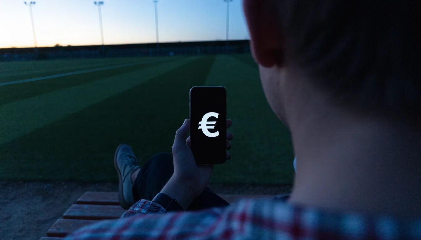 Eine leere Parkbank am Rand eines Fußballfelds in der Abenddämmerung, im Hintergrund ragen dunkle Flutlichtmasten in den Himmel.