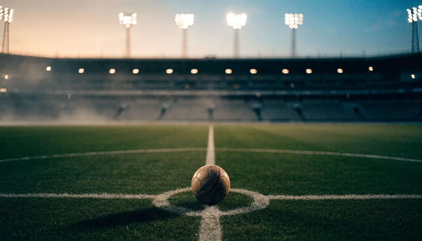 Ein Fußball liegt auf dem Anstoßpunkt eines leeren Rasenplatzes, im Hintergrund steht ein Stadion unter Flutlicht in der Dämmerung.