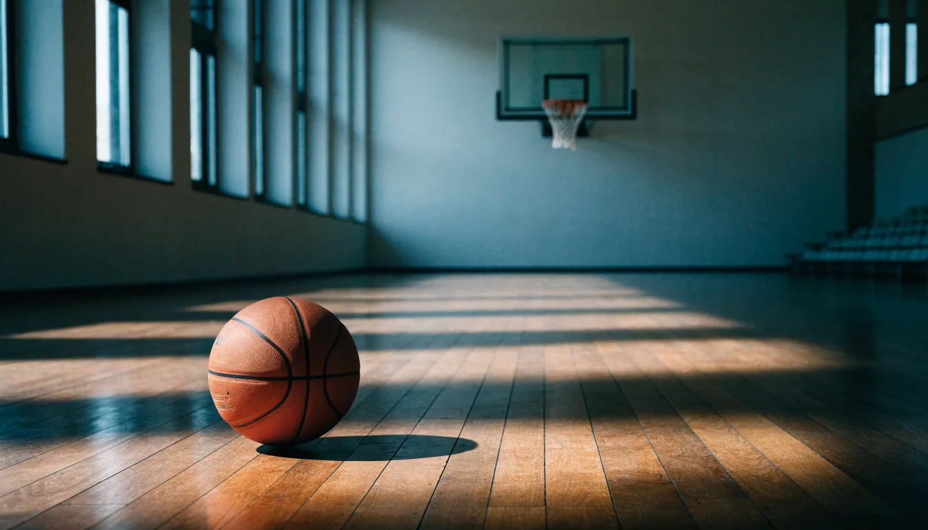 Ein Basketball liegt auf dem Hallenboden unter einem Korb, das Netz hängt ruhig, Morgenlicht fällt durch hohe Fenster.