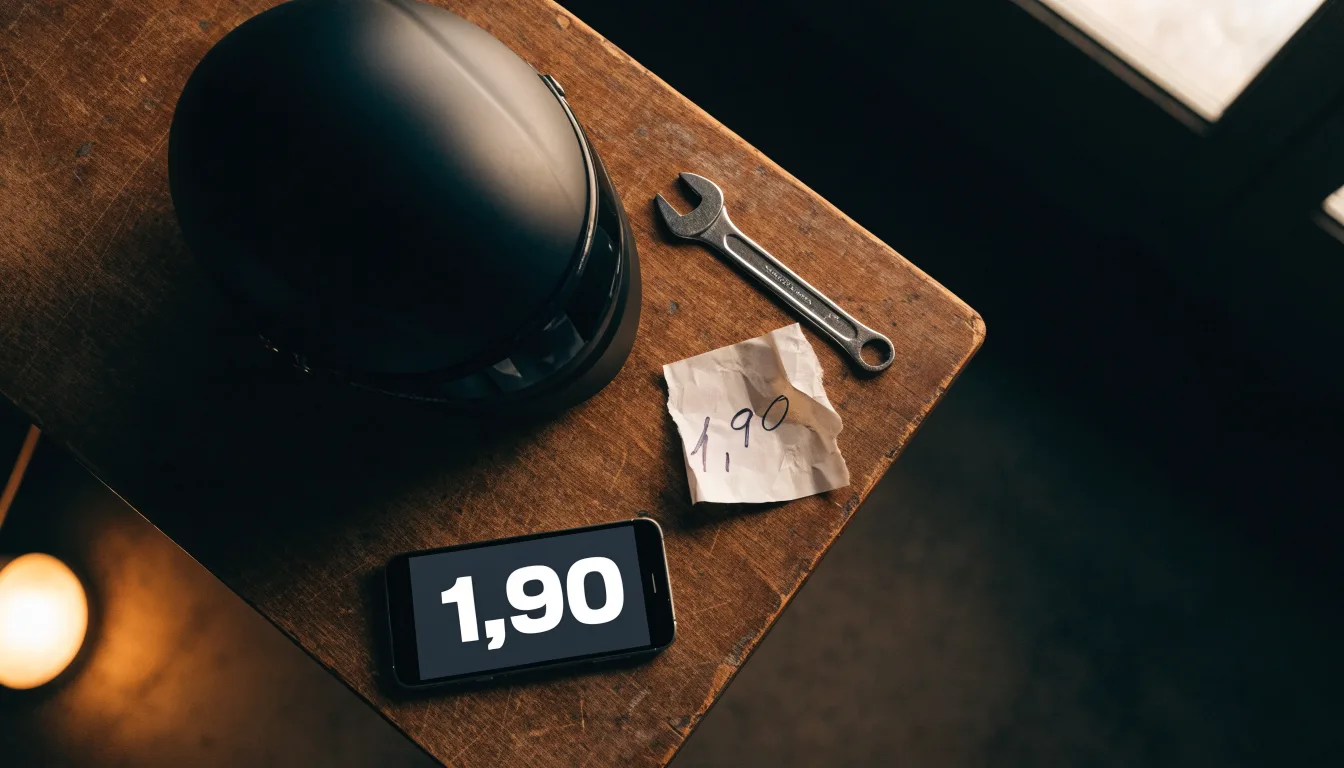 Ein schwarzer Motorradhelm ohne Aufdruck liegt auf einer Werkbank neben einem Schraubenschlüssel, warmes Licht einer Werkstatt.