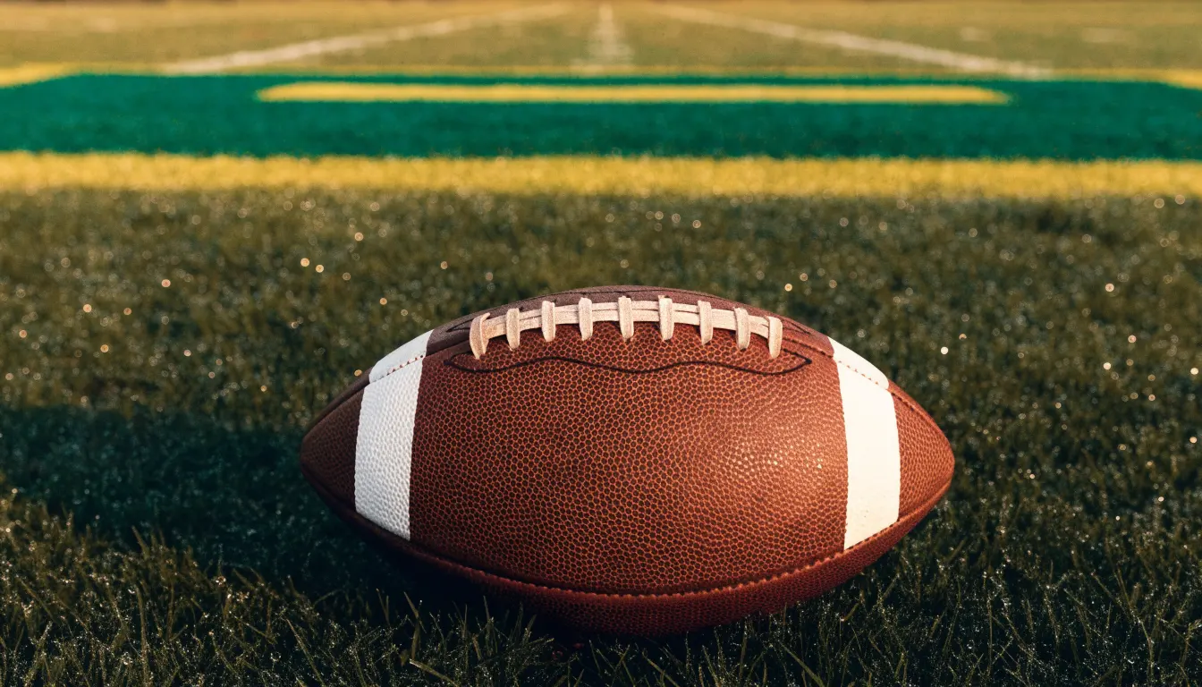 Ein ovaler Lederball mit heller Schnürung liegt auf dem Rasen vor der Endzone, Tau auf dem Gras im ersten Morgenlicht.