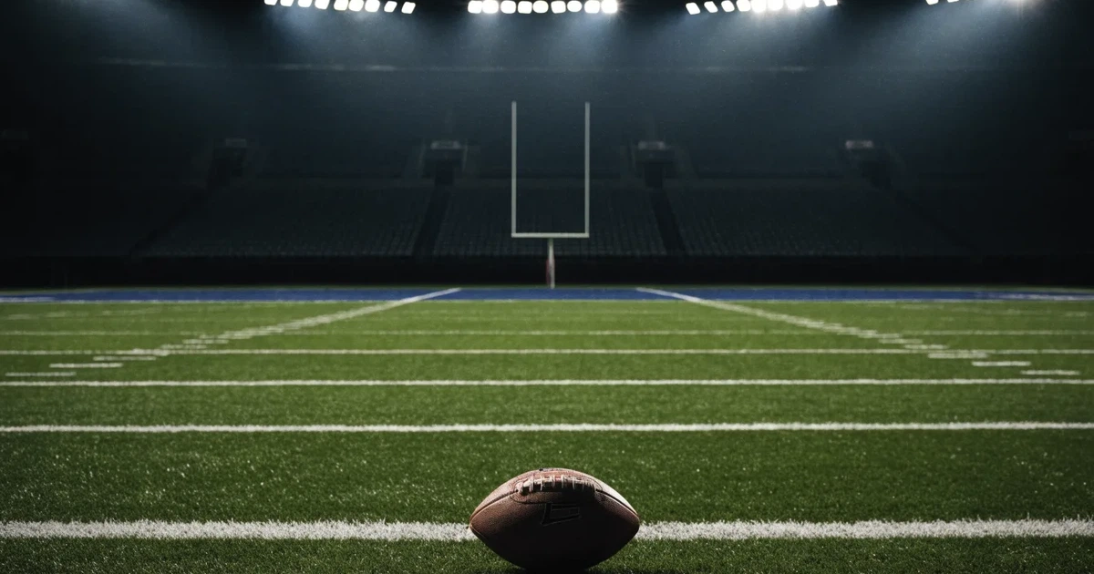 Ein American-Football-Feld mit weißen Yardlinien im Flutlicht, von einer hohen Tribüne aus gesehen, die Ränge leer, Zahlen nicht erkennbar.