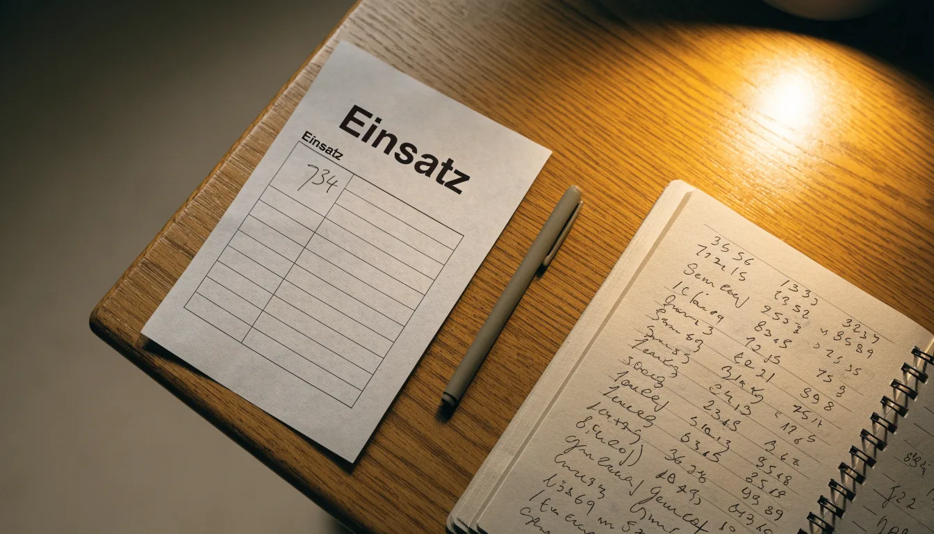 Ein leerer Papierwettschein, ein Kugelschreiber und ein Taschenrechner liegen auf einem Holztisch, warmes Licht einer Schreibtischlampe.