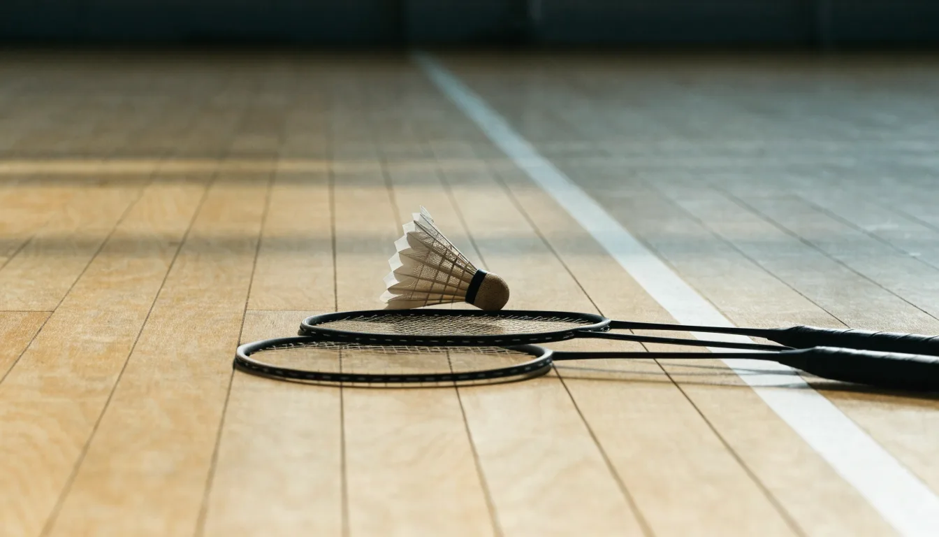 Zwei Badmintonschläger und ein Federball liegen auf einem Holzboden neben der Seitenlinie, weiches Licht fällt von der Seite ein.