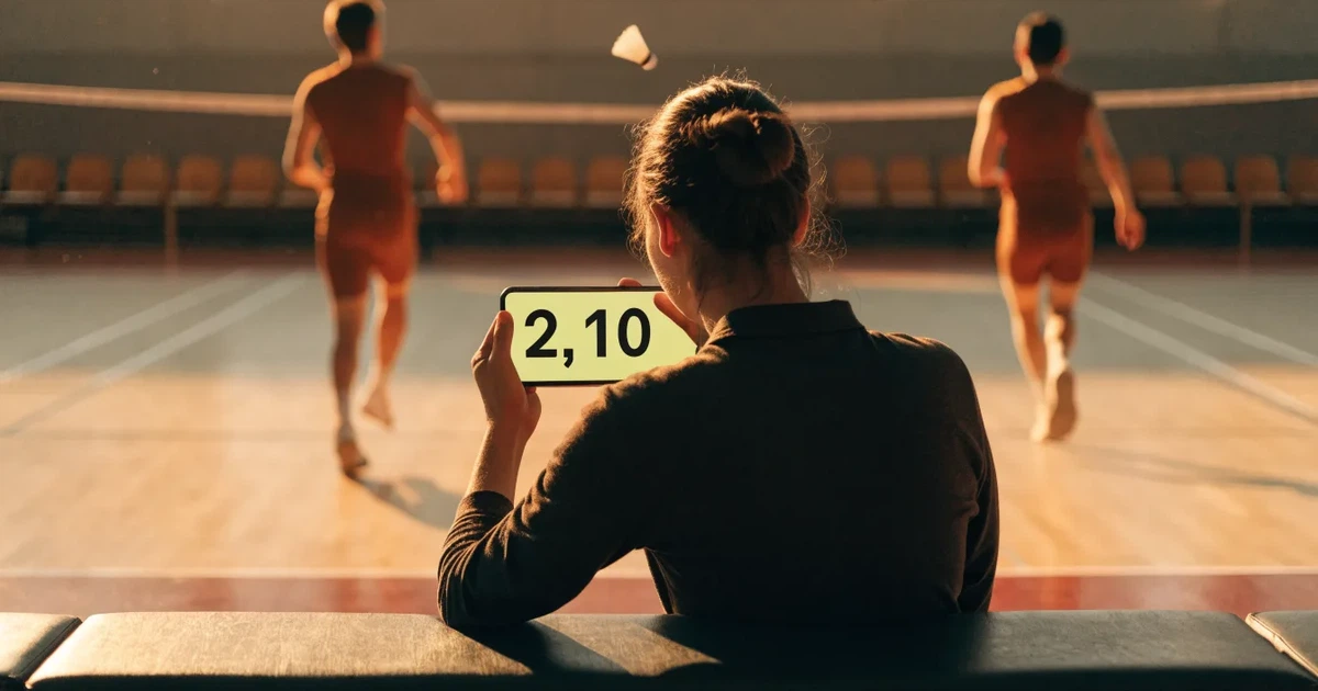 Eine leere Badmintonhalle mit gespanntem Netz und hellen Hallenlichtern, ein Federball liegt auf dem Hallenboden.